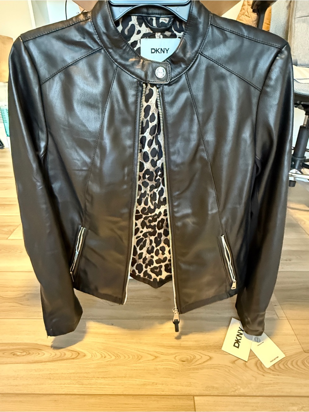 DKNY Black Faux Leather Moto Jacket with Leopard Lining